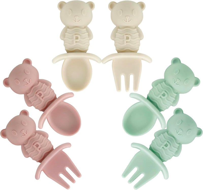 PandaEar 6 Pack Baby Led Weaning Spoons Forks 6+ Months | Silicone Baby Spoons and Fork Self Feeding Utensils, Toddler Infant Anti-Choke Feeding Utensils, Bear Shape (Pink Green Linen) - Image 1